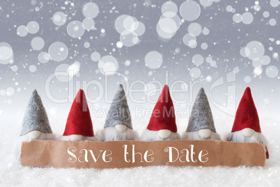Gnomes, Silver Background, Bokeh, Snowflakes, English Text Save The Date