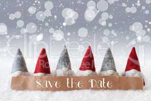 Gnomes, Silver Background, Bokeh, Snowflakes, English Text Save The Date