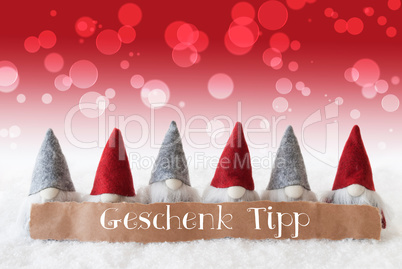 Gnomes, Red Background, Bokeh, Geschenk Tipp Means Gift Tip