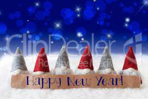 Gnomes, Blue Background, Bokeh, Stars, Text Happy New Year