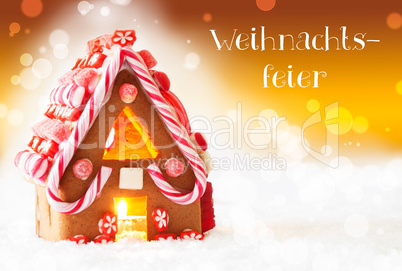 Gingerbread House, Golden Background, Weihnachtsfeier Means Christmas Party