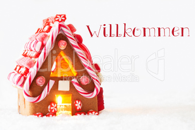 Gingerbread House, White Background, Willkommen Means Welcome