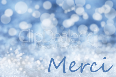 Blue Bokeh Christmas Background, Snow, Merci Means Thank You