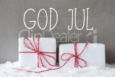 Two Gifts With Snow, God Jul Means Merry Christmas
