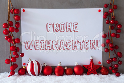 Label, Snow, Balls, Frohe Weihnachten Means Merry Christmas