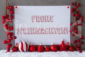 Label, Snow, Balls, Frohe Weihnachten Means Merry Christmas