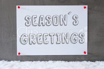 Label On Cement Wall, Snow, Text Seasons Greetings