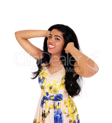 Beautiful happy woman with long black hair.