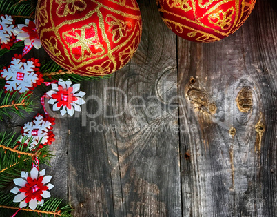 Christmas background with decorated branches of spruce and red g