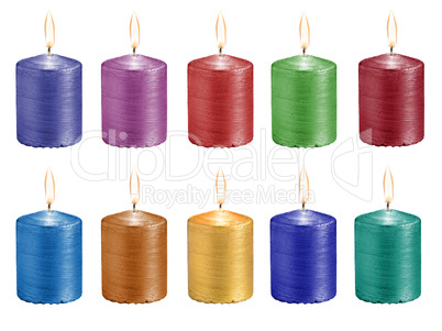 set multicolored celebratory burning candles isolated on white b