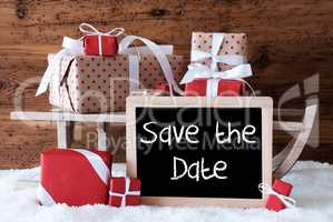 Sleigh With Gifts On Snow, English Text Save The Date