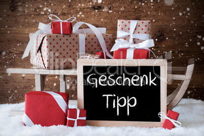 Sleigh With Gifts, Snow, Snowflakes, Geschenk Tipp Means Gift Tip