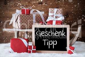 Sleigh With Gifts, Snow, Snowflakes, Geschenk Tipp Means Gift Tip