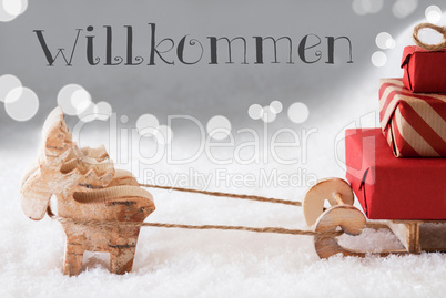 Reindeer With Sled, Silver Background, Willkommen Means Welcome