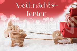 Reindeer With Sled, Red Background, Weihnachtsferien Means Christmas Break
