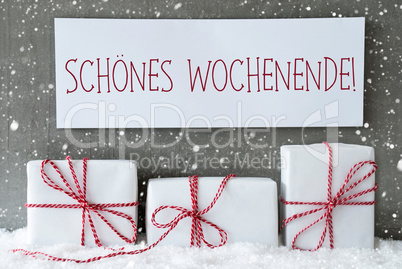 White Gift With Snowflakes, Schoenes Wochenende Means Happy Weekend