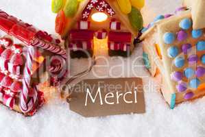 Colorful Gingerbread House, Snow, Merci Means Thank You