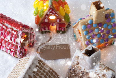 Colorful Gingerbread Houses, Snow, Snowflakes, Label Copy Space