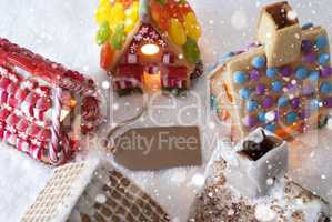 Colorful Gingerbread Houses, Snow, Snowflakes, Label Copy Space
