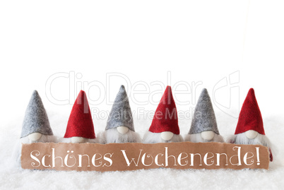 Gnomes, White Background, Schoenes Wochenende Means Happy Weekend