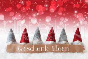 Gnomes, Red Background, Bokeh, Stars, Geschenk Ideen Means Gift Ideas