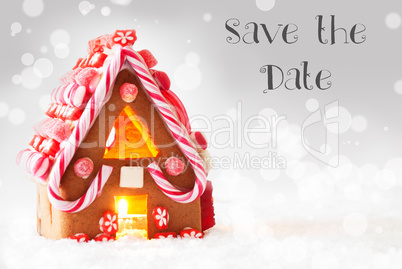 Gingerbread House, Silver Background, English Text Save The Date