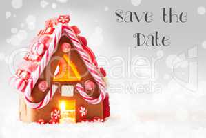 Gingerbread House, Silver Background, English Text Save The Date