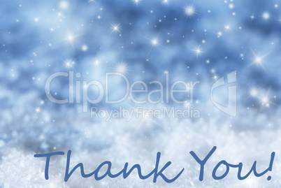 Blue Sparkling Christmas Background, Snow, Text Thank You
