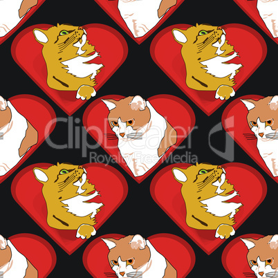 Hearts with Cats in Love Seamless Pattern