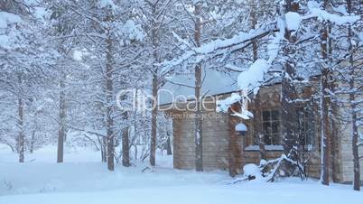 Wooden House in the Forest and Snowfall