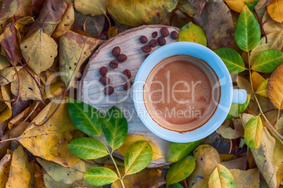 cup of hot coffee espresso among fallen autumn leaves