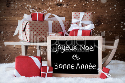 Sleigh With Gifts, Snow, Snowflakes, Bonne Annee Means New Year