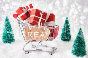 Trolly With Christmas Gifts And Snow, Text Rea