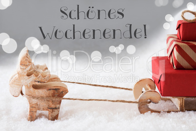 Reindeer With Sled, Silver Background, Schoenes Wochenende Means Happy Weekend