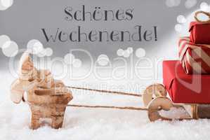 Reindeer With Sled, Silver Background, Schoenes Wochenende Means Happy Weekend