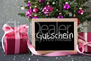 Tree With Gifts, Snowflakes, Gutschein Means Voucher