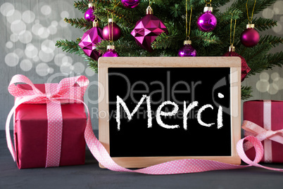 Tree With Gifts, Bokeh, Text Merci Means Thank You