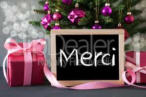 Tree With Gifts, Bokeh, Text Merci Means Thank You