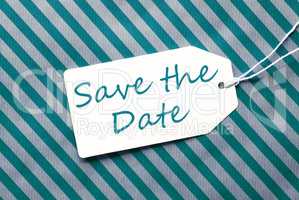 Label On Turquoise Wrapping Paper, English Text Save The Date
