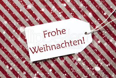Label On Red Paper, Frohe Weihnachten Means Merry Christmas, Snowflakes