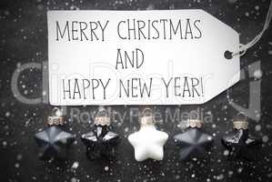 Black Balls, Snowflakes, Text Merry Christmas And Happy New Year