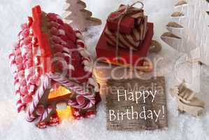 Gingerbread House, Sled, Snow, Text Happy Birthday