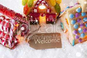 Colorful Gingerbread House, Snowflakes, Text Welcome