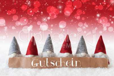 Gnomes, Red Background, Bokeh, Stars, Gutschein Means Voucher