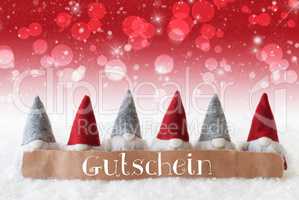 Gnomes, Red Background, Bokeh, Stars, Gutschein Means Voucher