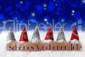 Gnomes, Blue Bokeh, Stars, Schoenes Wochenende Means Happy Weekend