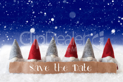 Gnomes, Blue Background, Snowflakes, English Text Save The Date