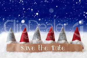 Gnomes, Blue Background, Snowflakes, English Text Save The Date
