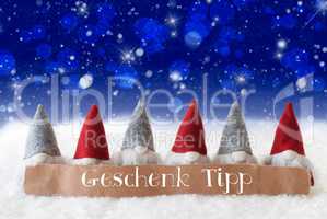 Gnomes, Blue Background, Bokeh, Stars, Geschenk Tipp Means Gift Tip