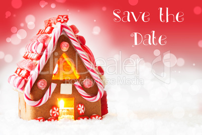 Gingerbread House, Red Background, English Text Save The Date